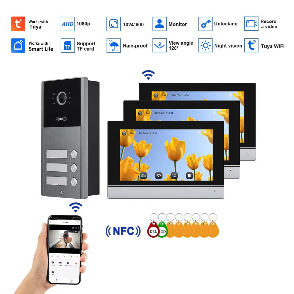 Visiophone HD 07 Pouces 03 poste avec 03 écran tactile, vision nocturne, NFC et contrôle WiFi NOIR