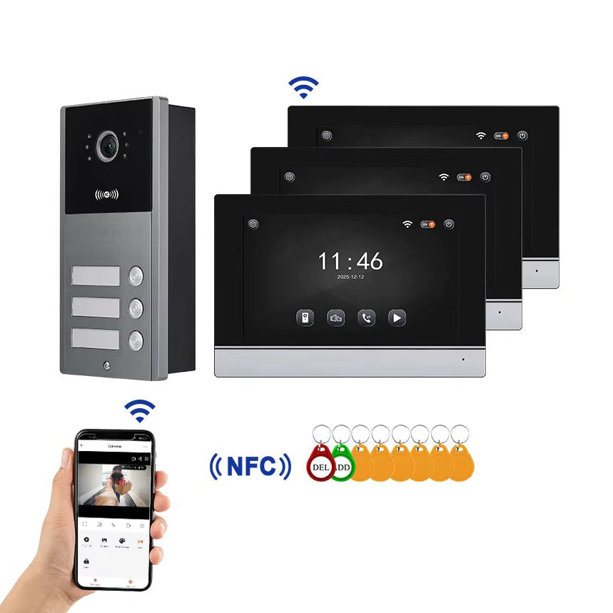 Visiophone HD 07 Pouces 03 poste avec 03 écran tactile, vision nocturne, NFC et contrôle WiFi NOIR