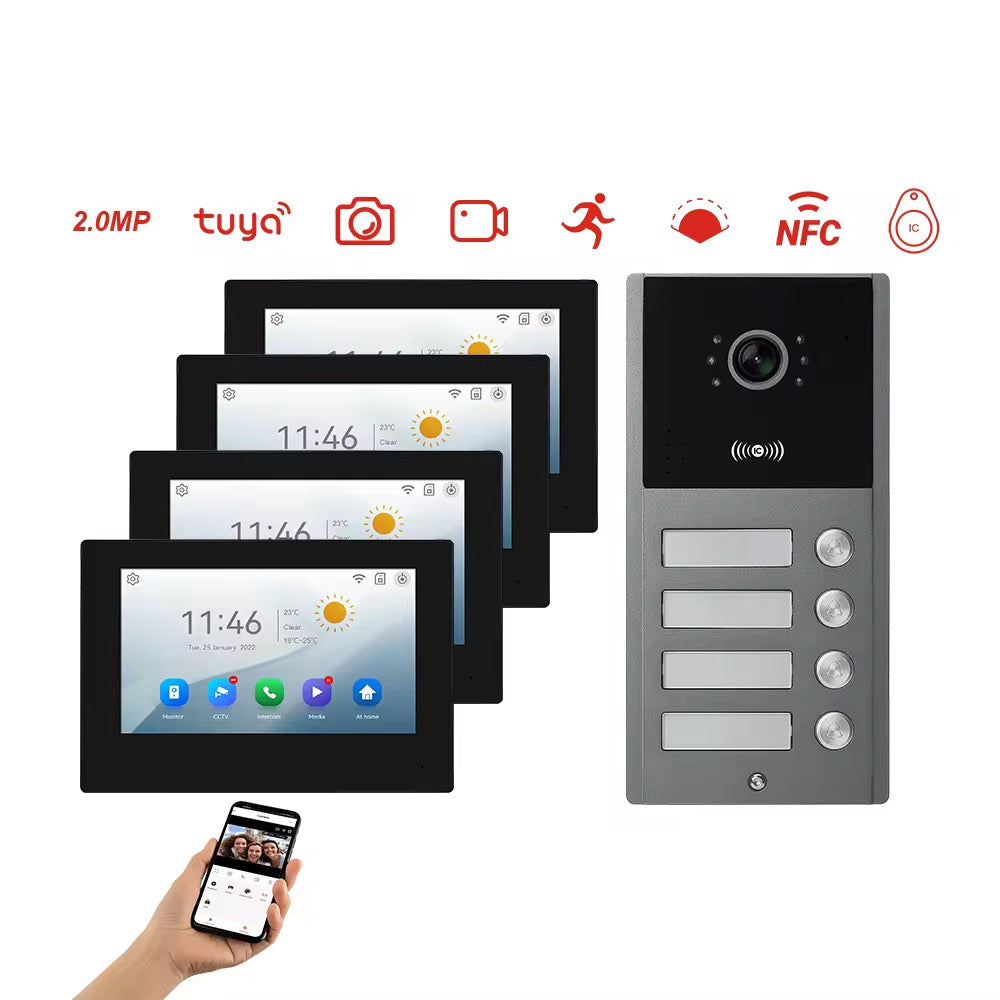 Visiophone HD 07 Pouces 04 poste avec 04 écran tactile, vision nocturne, NFC et contrôle WiFi NOIR