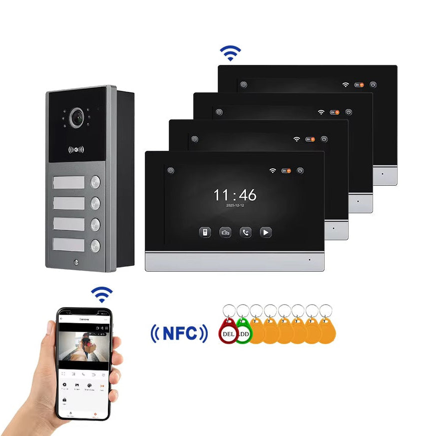 Visiophone HD 07 Pouces 04 poste avec 04 écran tactile, vision nocturne, NFC et contrôle WiFi NOIR
