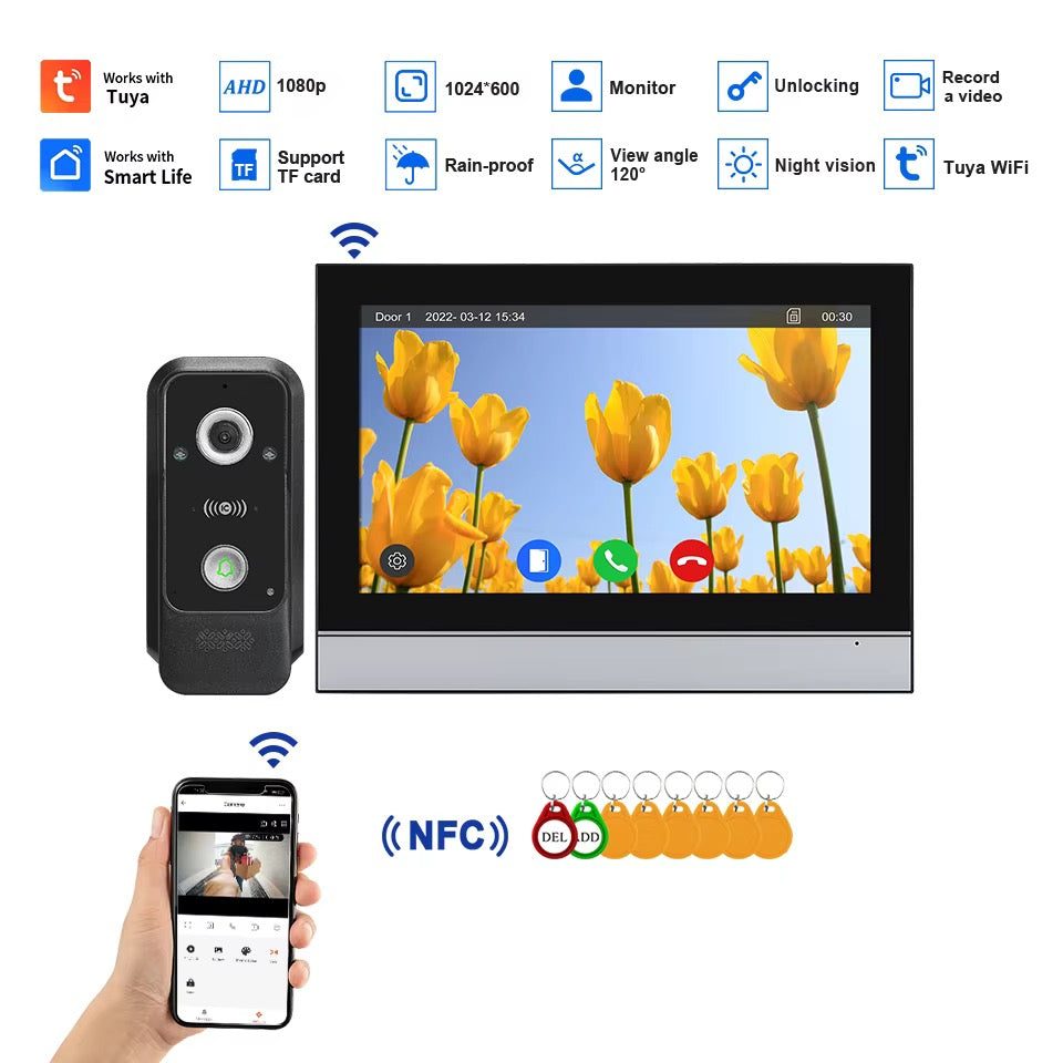Visiophone HD 10 Pouces avec écran tactile, vision nocturne, NFC et contrôle WiFi