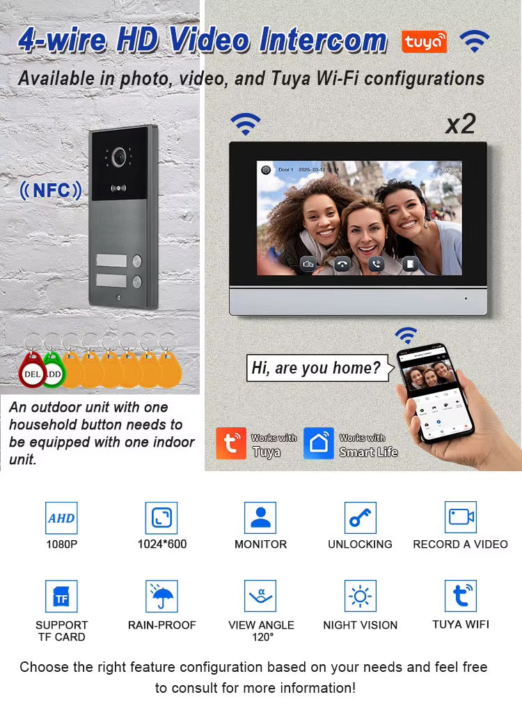 Visiophone HD 07 Pouces 02 poste avec 02 écran tactile, vision nocturne, NFC et contrôle WiFi NOIR