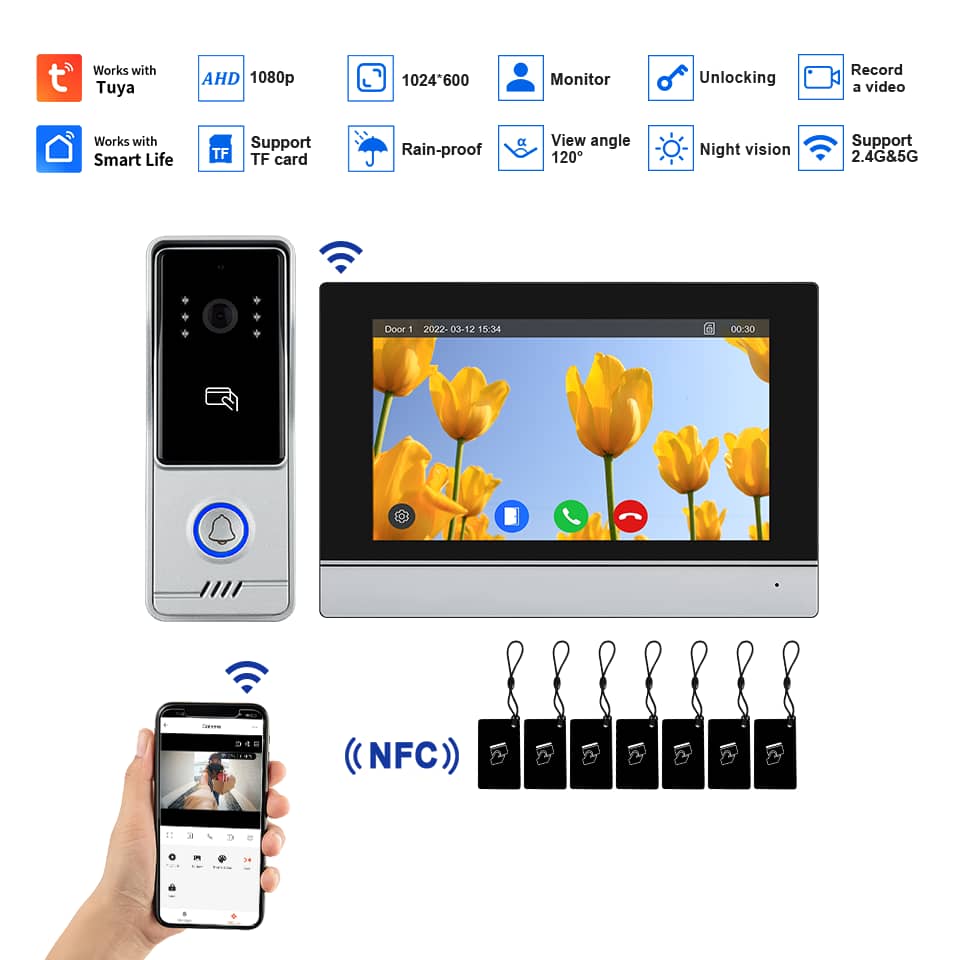 Visiophone HD 07 Pouces avec écran tactile, vision nocturne, NFC et contrôle WiFi