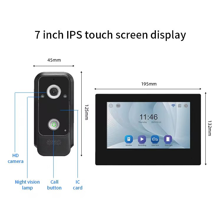Visiophone HD 07 Pouces avec écran tactile, vision nocturne, NFC et contrôle WiFi NOIR