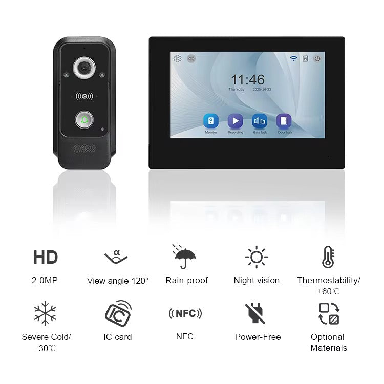 Visiophone HD 07 Pouces avec écran tactile, vision nocturne, NFC et contrôle WiFi NOIR