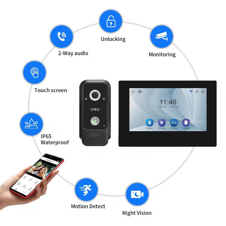 Visiophone HD 07 Pouces avec écran tactile, vision nocturne, NFC et contrôle WiFi NOIR
